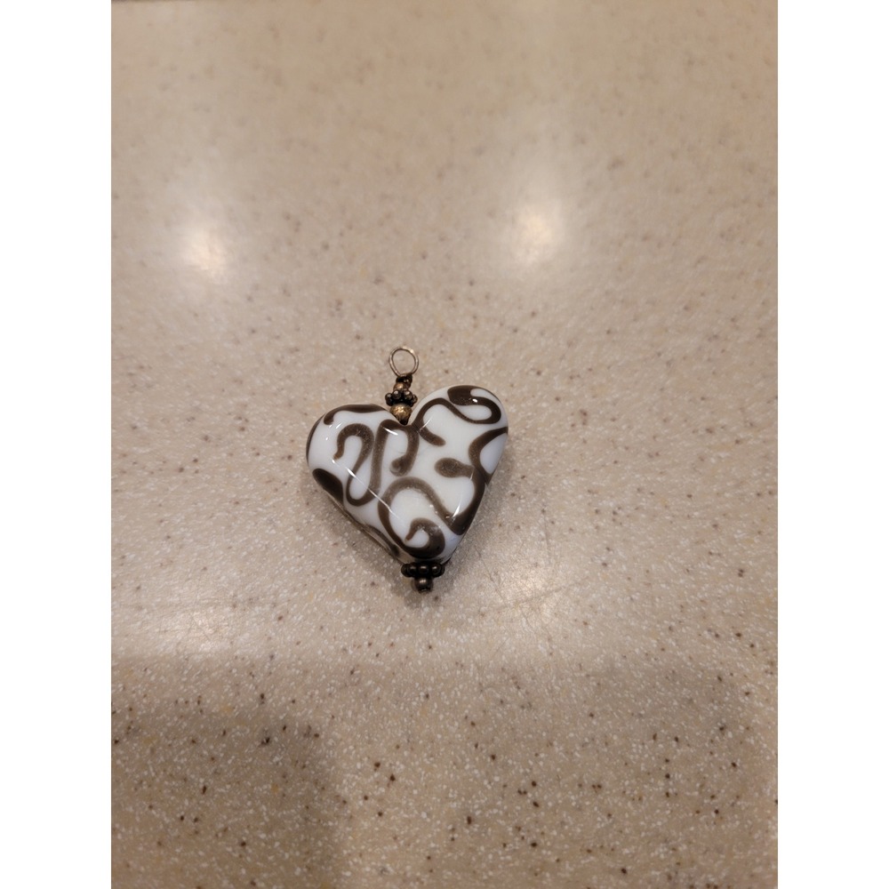 Black and White Swirl Lampwork Glass Heart Pendant Artisan Jewelry Charm